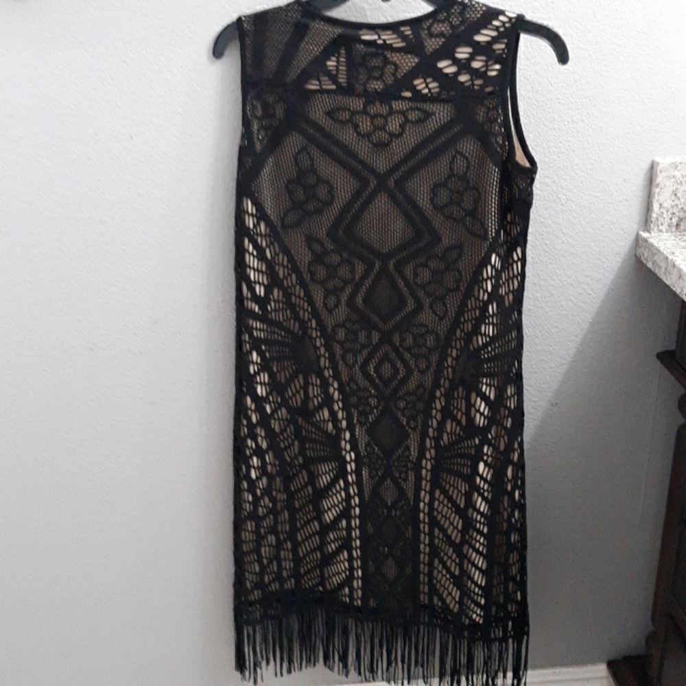 Beige by eci black dress with fringe. - Picture 7 of 10